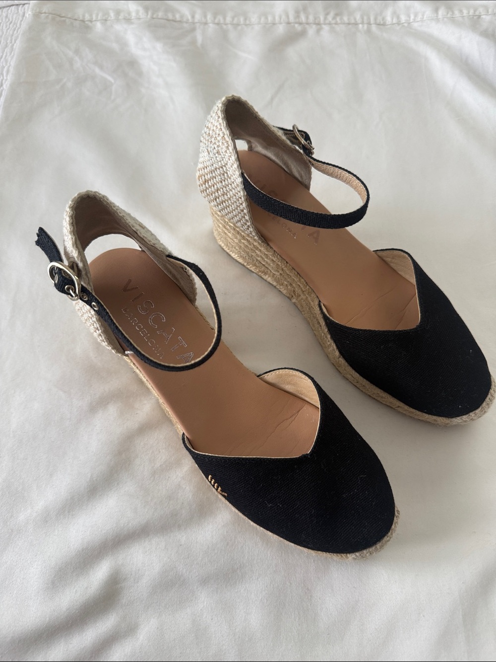 Black and Cream Espadrille Wedge Slingback Sandals